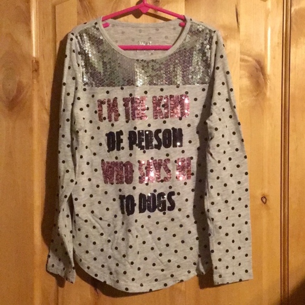 JUSTICE Gray Black Polka-Dots Sequined🐶 Top EUC 8